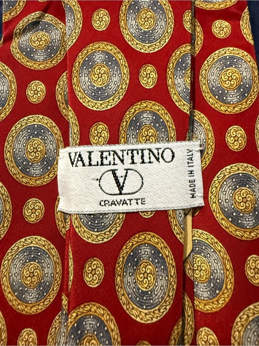 Valentino Red Silk Tie with Gold and Blue Medallions